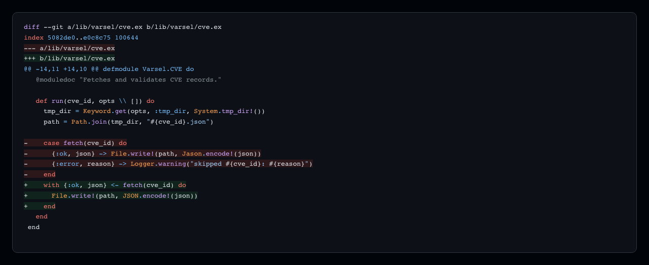 A git diff of an Elixir file, rendered with catppuccin_frappe: the unchanged lines
carry Elixir keyword, module and atom colours, and the removed and added lines
keep their red and green backgrounds underneath them.